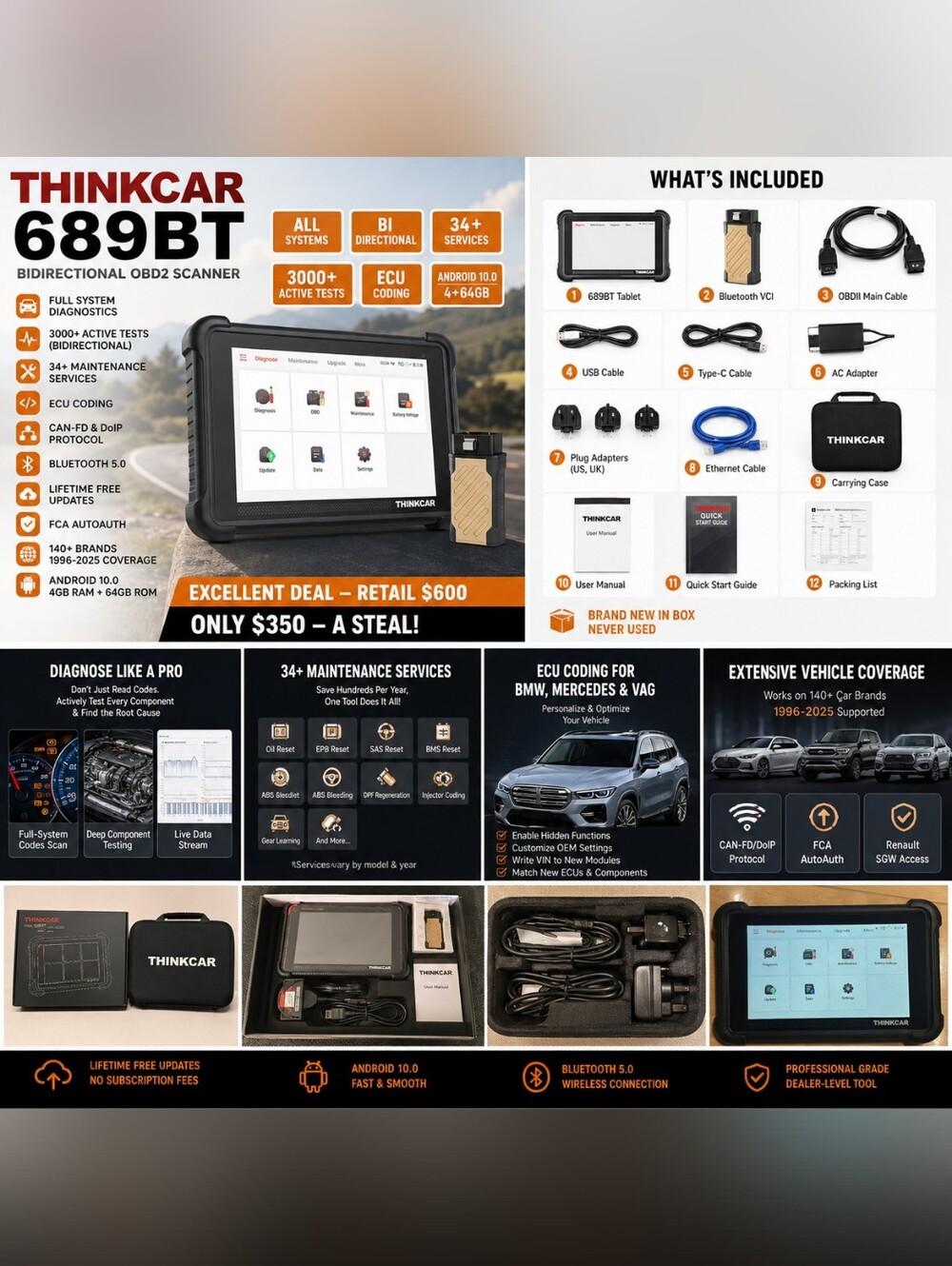 THINKCAR 689BT Professional Bidirectional OBD2 Scanner | ECU Coding | 3000+ Acti